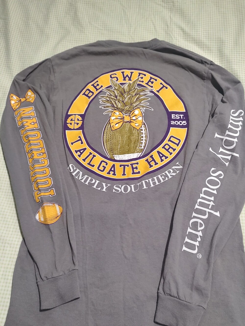 Simply Southern Gray Long Sleeve Tee with Yellow & Purple Tailgate Graphic